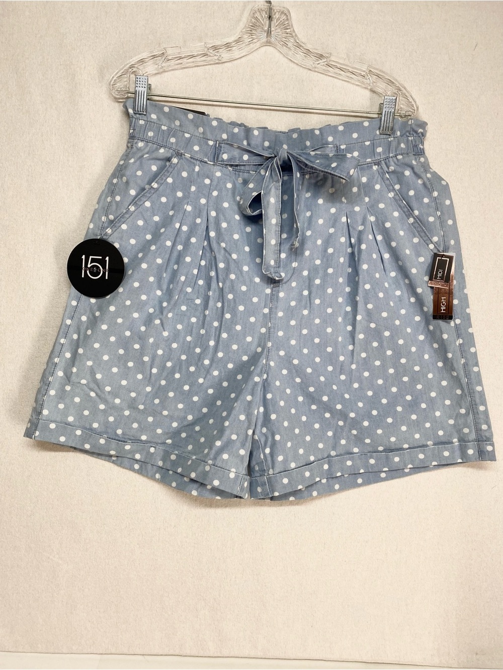 One 5 One Women’s Xl Polka Dot Paperbag Waist Shorts  Blue White Elastic Waist